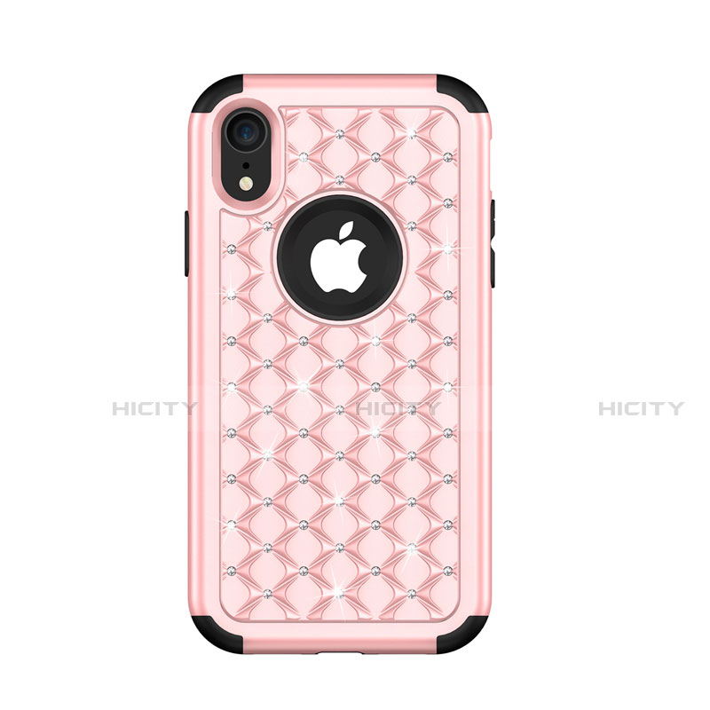 Funda Bumper Silicona y Plastico Carcasa Frontal y Trasera 360 Grados Bling-Bling U01 para Apple iPhone XR Oro Rosa