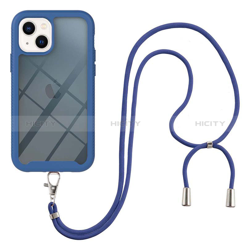 Funda Bumper Silicona y Plastico Carcasa Frontal y Trasera 360 Grados con Acollador Cordon Lanyard para Apple iPhone 14 Azul