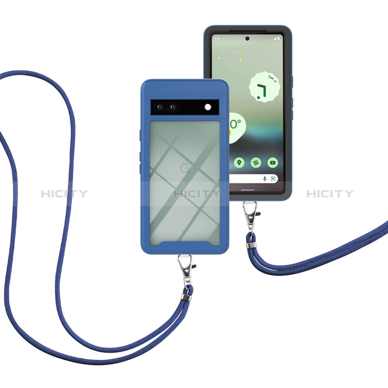 Funda Bumper Silicona y Plastico Carcasa Frontal y Trasera 360 Grados con Acollador Cordon Lanyard para Google Pixel 7a 5G Azul