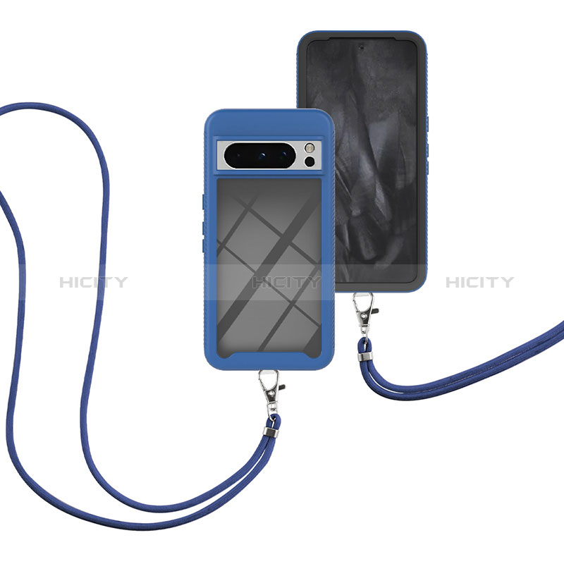 Funda Bumper Silicona y Plastico Carcasa Frontal y Trasera 360 Grados con Acollador Cordon Lanyard para Google Pixel 8 Pro 5G Azul