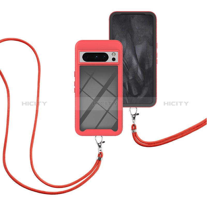 Funda Bumper Silicona y Plastico Carcasa Frontal y Trasera 360 Grados con Acollador Cordon Lanyard para Google Pixel 8 Pro 5G Rojo