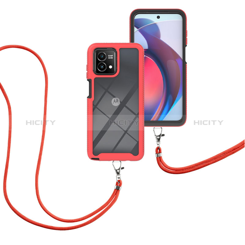 Funda Bumper Silicona y Plastico Carcasa Frontal y Trasera 360 Grados con Acollador Cordon Lanyard para Motorola Moto G Stylus (2023) 4G Rojo