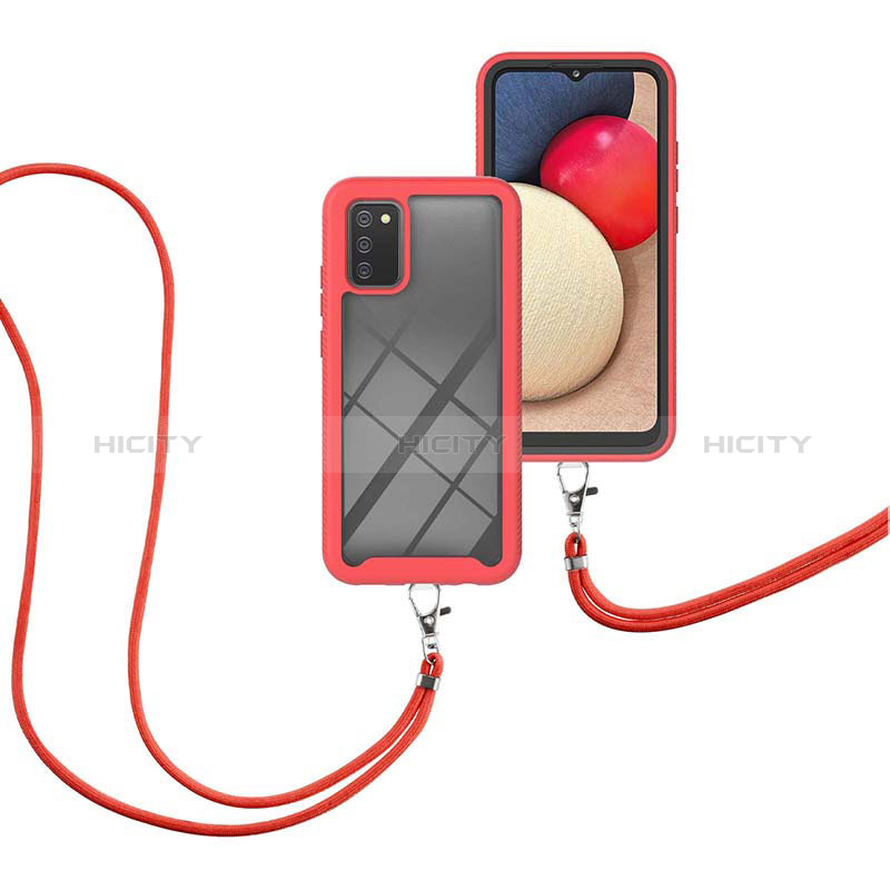 Funda Bumper Silicona y Plastico Carcasa Frontal y Trasera 360 Grados con Acollador Cordon Lanyard para Samsung Galaxy A02s Rojo