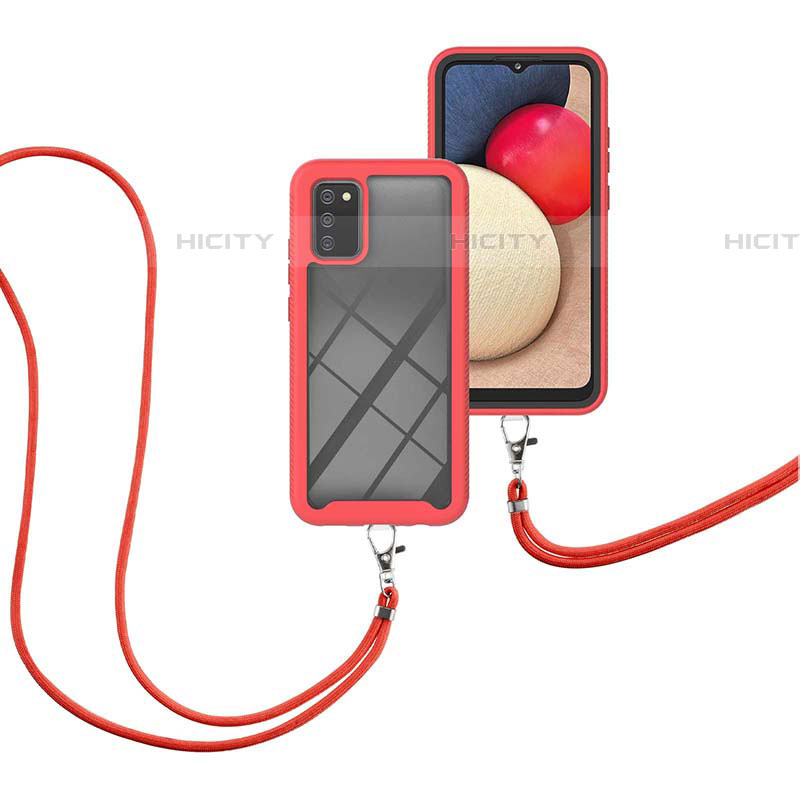 Funda Bumper Silicona y Plastico Carcasa Frontal y Trasera 360 Grados con Acollador Cordon Lanyard para Samsung Galaxy A03s Rojo