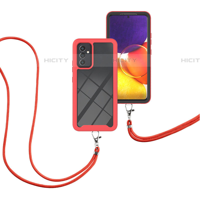 Funda Bumper Silicona y Plastico Carcasa Frontal y Trasera 360 Grados con Acollador Cordon Lanyard para Samsung Galaxy A05s Rojo