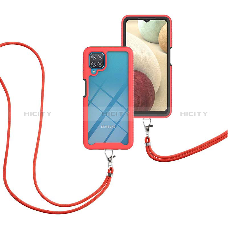 Funda Bumper Silicona y Plastico Carcasa Frontal y Trasera 360 Grados con Acollador Cordon Lanyard para Samsung Galaxy A12 Rojo