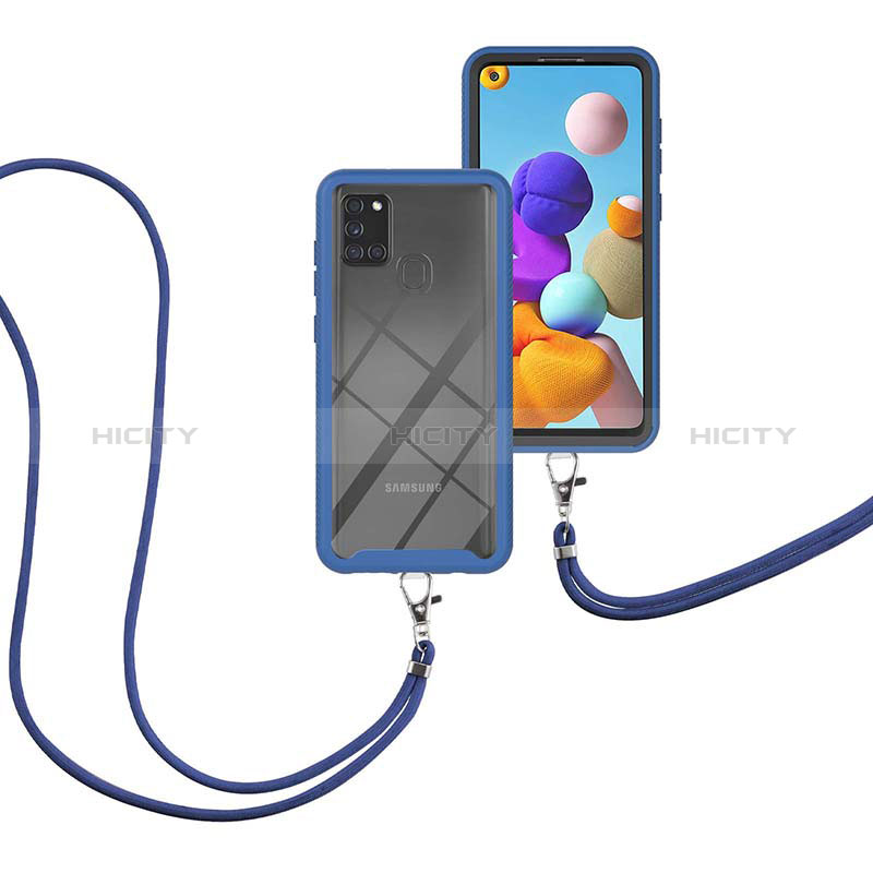 Funda Bumper Silicona y Plastico Carcasa Frontal y Trasera 360 Grados con Acollador Cordon Lanyard para Samsung Galaxy A21s Azul