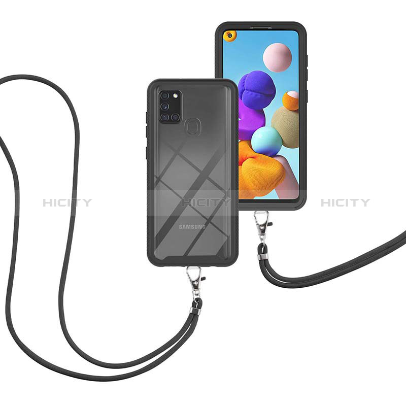 Funda Bumper Silicona y Plastico Carcasa Frontal y Trasera 360 Grados con Acollador Cordon Lanyard para Samsung Galaxy A21s Negro