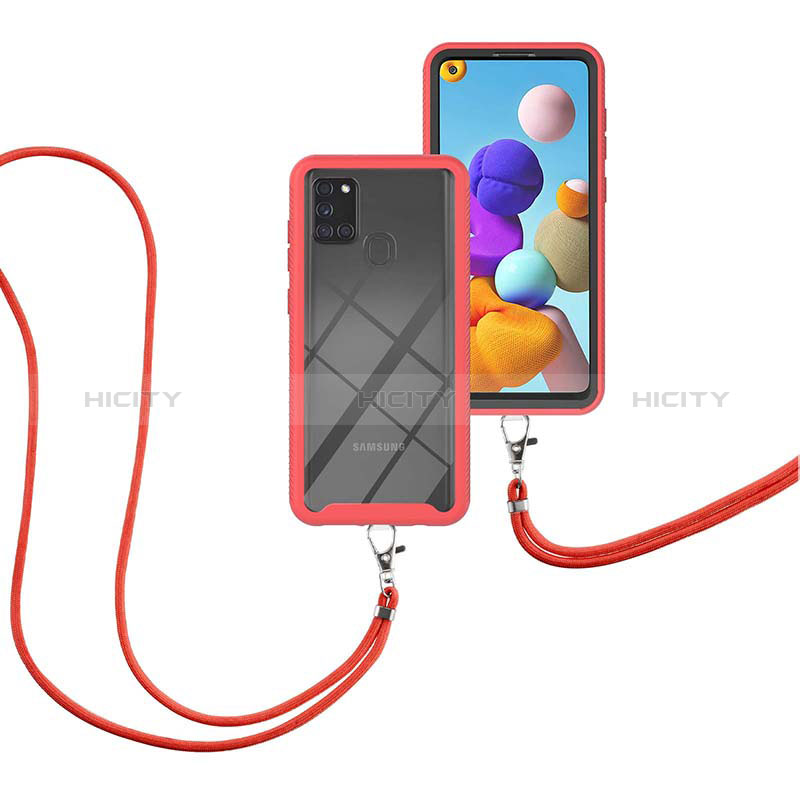 Funda Bumper Silicona y Plastico Carcasa Frontal y Trasera 360 Grados con Acollador Cordon Lanyard para Samsung Galaxy A21s Rojo