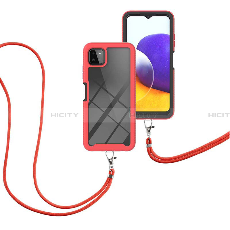 Funda Bumper Silicona y Plastico Carcasa Frontal y Trasera 360 Grados con Acollador Cordon Lanyard para Samsung Galaxy A22 5G Rojo