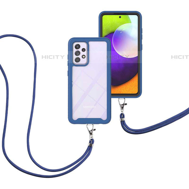 Funda Bumper Silicona y Plastico Carcasa Frontal y Trasera 360 Grados con Acollador Cordon Lanyard para Samsung Galaxy A52 4G Azul