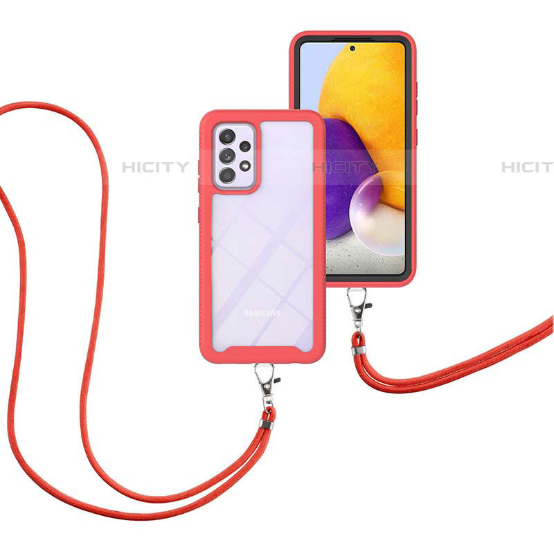 Funda Bumper Silicona y Plastico Carcasa Frontal y Trasera 360 Grados con Acollador Cordon Lanyard para Samsung Galaxy A72 4G Rojo