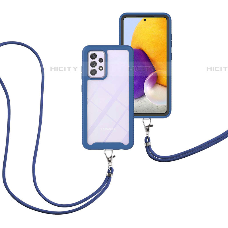 Funda Bumper Silicona y Plastico Carcasa Frontal y Trasera 360 Grados con Acollador Cordon Lanyard para Samsung Galaxy A72 5G Azul