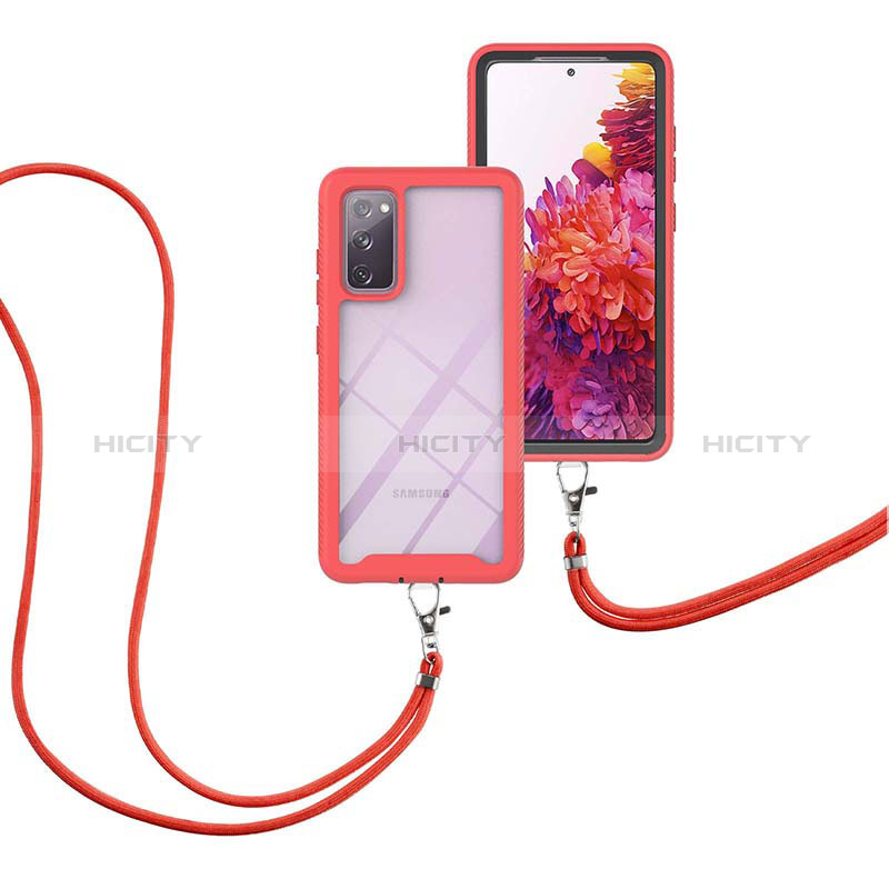 Funda Bumper Silicona y Plastico Carcasa Frontal y Trasera 360 Grados con Acollador Cordon Lanyard para Samsung Galaxy S20 FE 4G Rojo