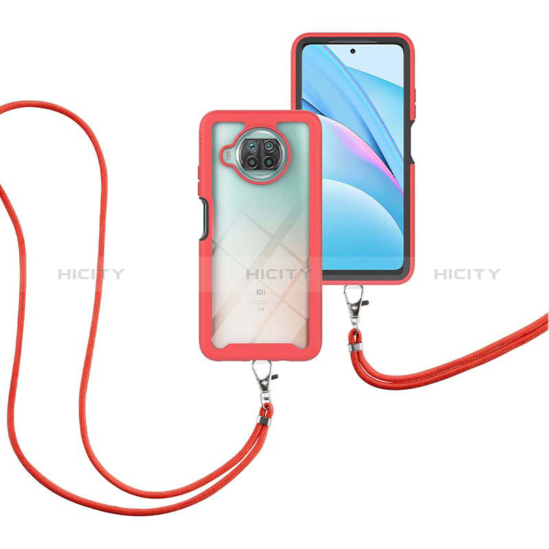 Funda Bumper Silicona y Plastico Carcasa Frontal y Trasera 360 Grados con Acollador Cordon Lanyard para Xiaomi Mi 10i 5G Rojo