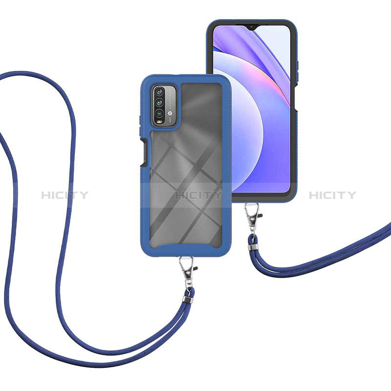 Funda Bumper Silicona y Plastico Carcasa Frontal y Trasera 360 Grados con Acollador Cordon Lanyard para Xiaomi Redmi 9 Power Azul