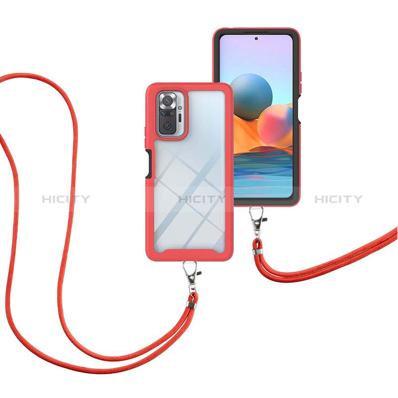 Funda Bumper Silicona y Plastico Carcasa Frontal y Trasera 360 Grados con Acollador Cordon Lanyard para Xiaomi Redmi Note 10 Pro Max Rojo