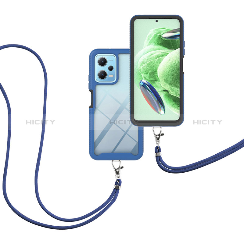 Funda Bumper Silicona y Plastico Carcasa Frontal y Trasera 360 Grados con Acollador Cordon Lanyard para Xiaomi Redmi Note 12 5G Azul