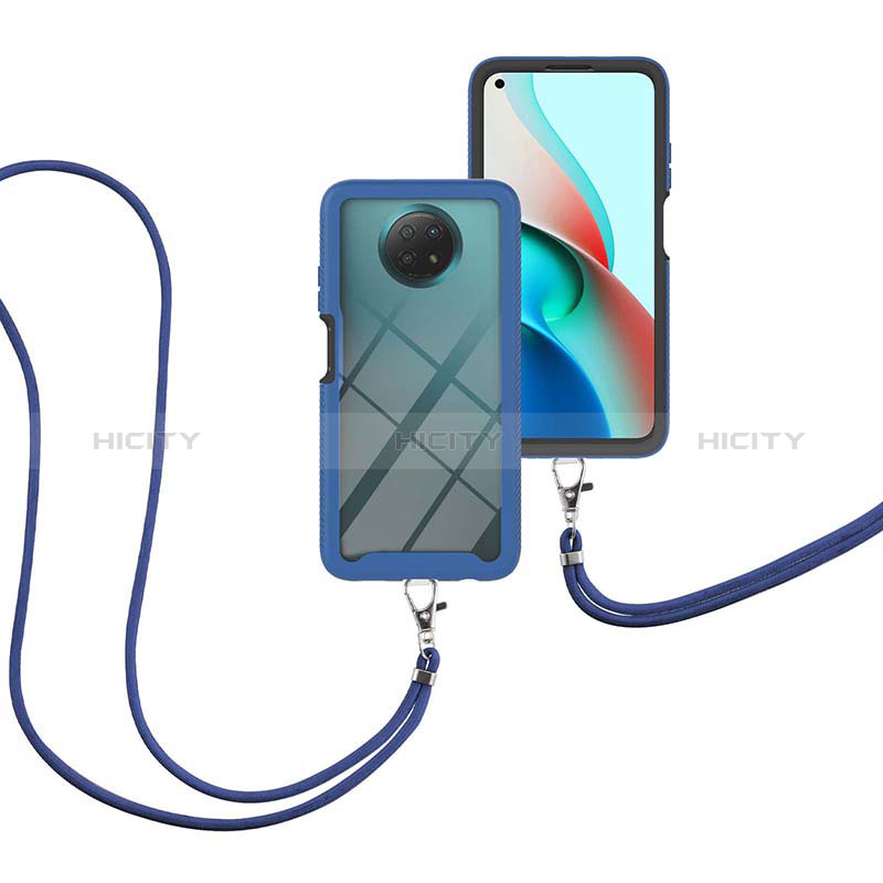 Funda Bumper Silicona y Plastico Carcasa Frontal y Trasera 360 Grados con Acollador Cordon Lanyard para Xiaomi Redmi Note 9 5G Azul