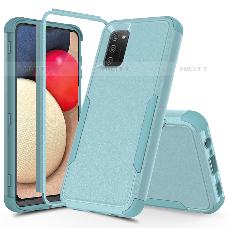 Funda Bumper Silicona y Plastico Carcasa Frontal y Trasera 360 Grados MQ1 para Samsung Galaxy M02s Azul Claro