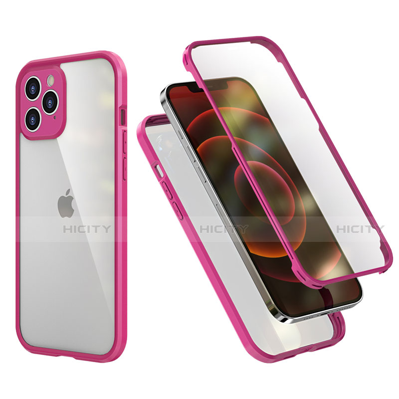 Funda Bumper Silicona y Plastico Carcasa Frontal y Trasera 360 Grados R05 para Apple iPhone 12 Pro Max Rosa Roja