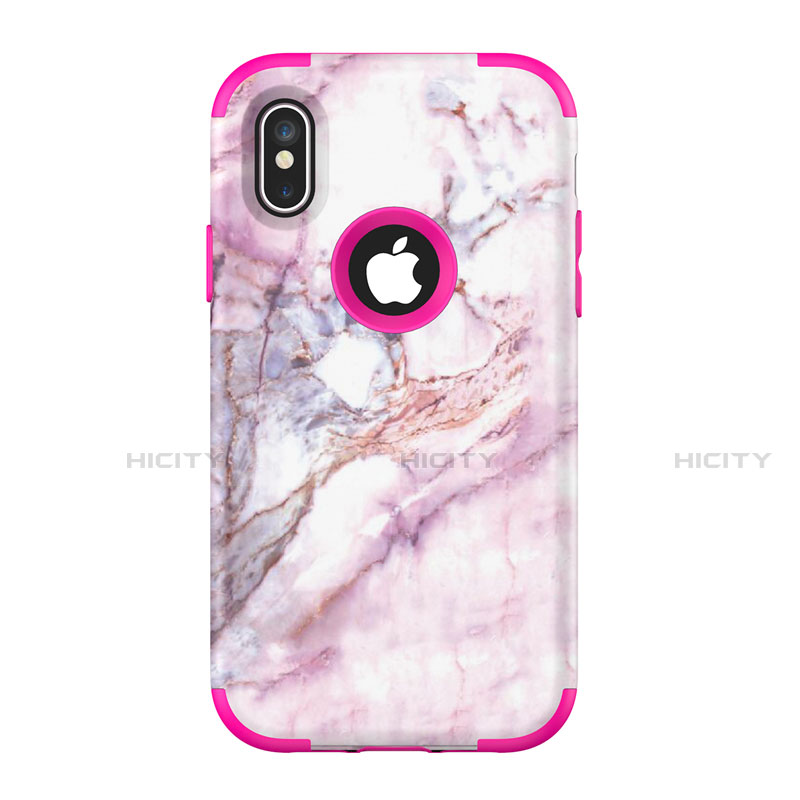 Funda Bumper Silicona y Plastico Carcasa Frontal y Trasera 360 Grados U01 para Apple iPhone X Rosa Roja