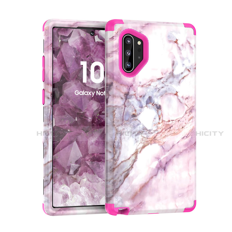 Funda Bumper Silicona y Plastico Carcasa Frontal y Trasera 360 Grados U01 para Samsung Galaxy Note 10 Plus Rosa Roja