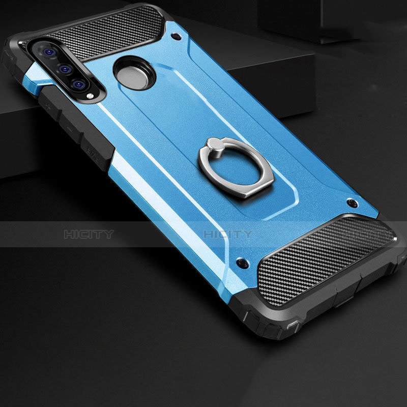 Funda Bumper Silicona y Plastico Mate Carcasa con Anillo de dedo Soporte H01 para Huawei Nova 4e Azul