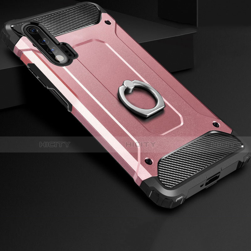 Funda Bumper Silicona y Plastico Mate Carcasa con Anillo de dedo Soporte H01 para Huawei Nova 6 Oro Rosa