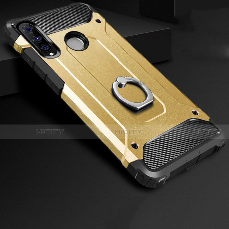 Funda Bumper Silicona y Plastico Mate Carcasa con Anillo de dedo Soporte H01 para Huawei P30 Lite Oro