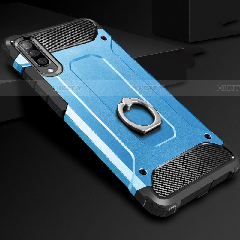 Funda Bumper Silicona y Plastico Mate Carcasa con Anillo de dedo Soporte H01 para Samsung Galaxy A70 Azul Cielo