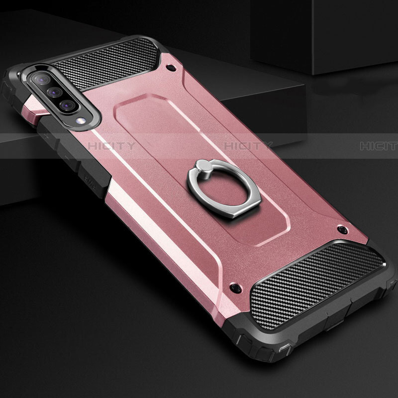 Funda Bumper Silicona y Plastico Mate Carcasa con Anillo de dedo Soporte H01 para Samsung Galaxy A70 Oro Rosa