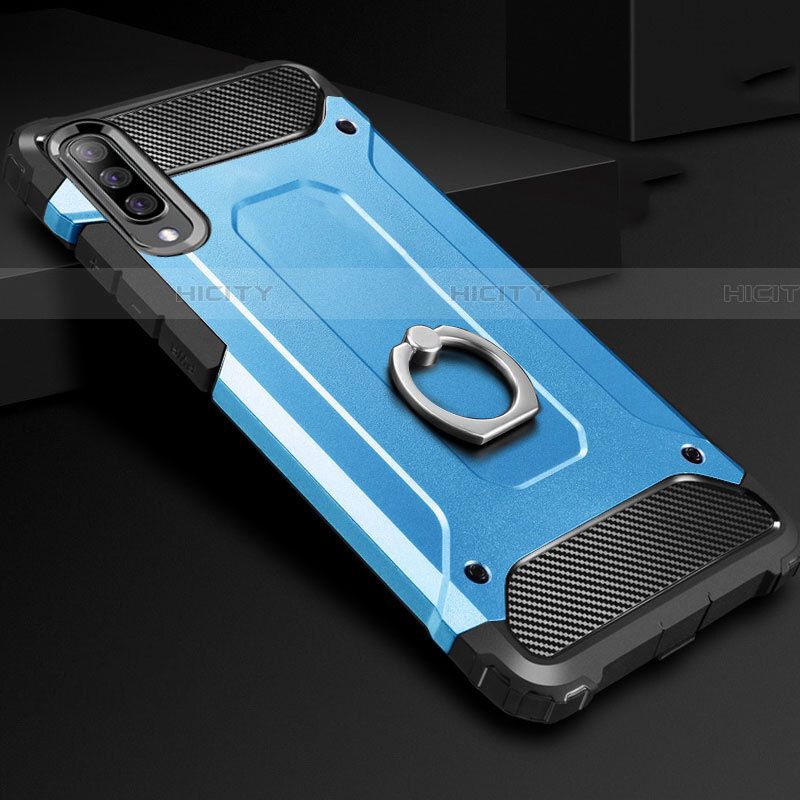 Funda Bumper Silicona y Plastico Mate Carcasa con Anillo de dedo Soporte H01 para Samsung Galaxy A70S Azul Cielo