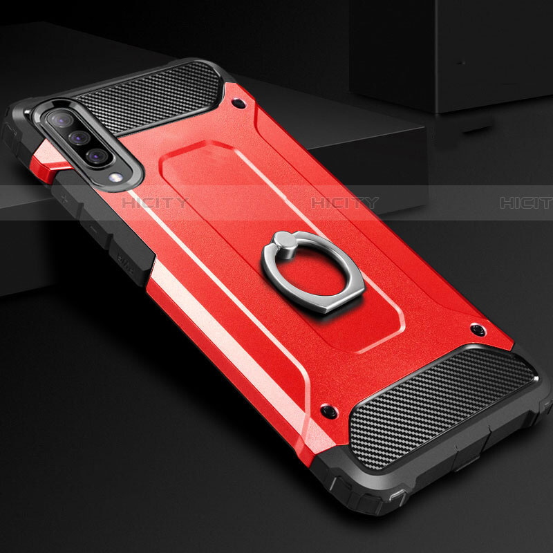 Funda Bumper Silicona y Plastico Mate Carcasa con Anillo de dedo Soporte H01 para Samsung Galaxy A70S Rojo