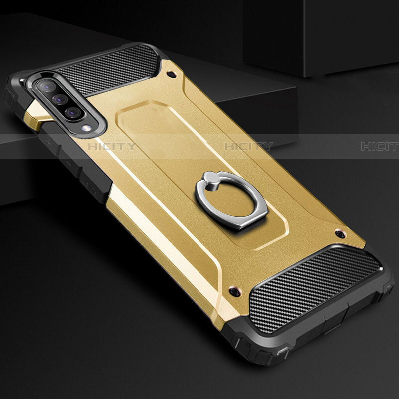 Funda Bumper Silicona y Plastico Mate Carcasa con Anillo de dedo Soporte H01 para Samsung Galaxy A90 5G Oro