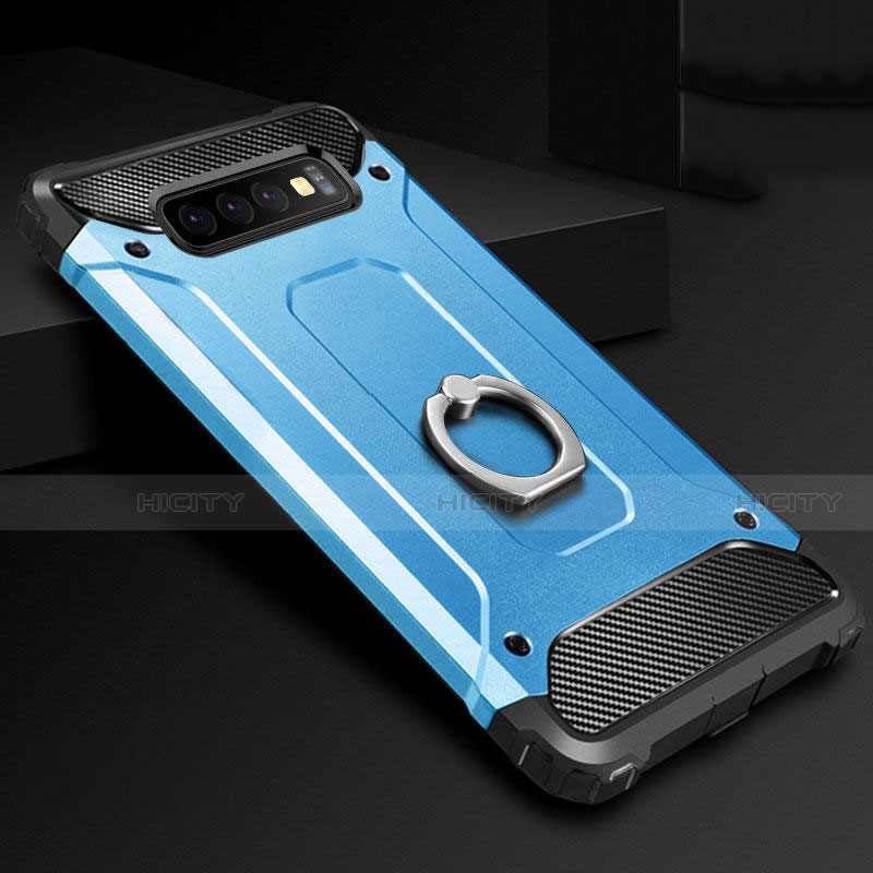 Funda Bumper Silicona y Plastico Mate Carcasa con Anillo de dedo Soporte H01 para Samsung Galaxy S10 5G Azul Cielo