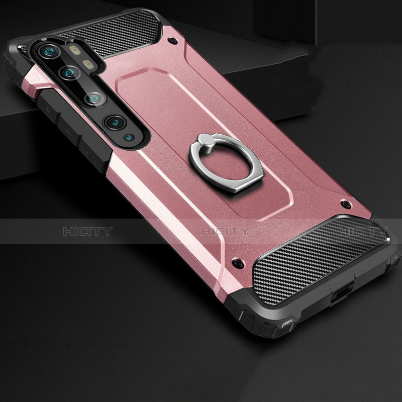 Funda Bumper Silicona y Plastico Mate Carcasa con Anillo de dedo Soporte H01 para Xiaomi Mi Note 10 Oro Rosa