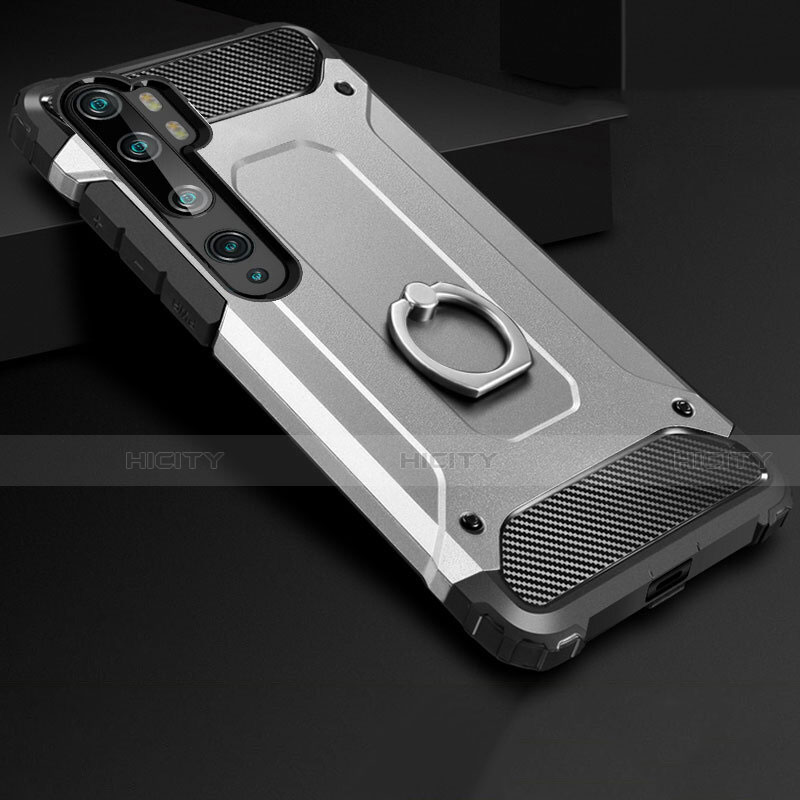 Funda Bumper Silicona y Plastico Mate Carcasa con Anillo de dedo Soporte H01 para Xiaomi Mi Note 10 Plata