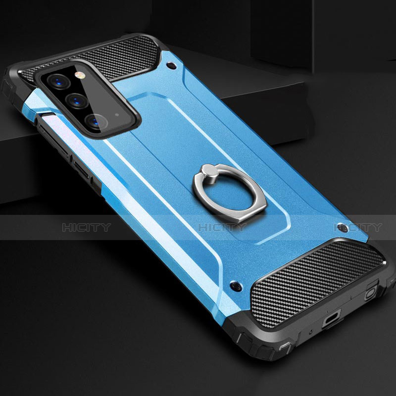 Funda Bumper Silicona y Plastico Mate Carcasa con Anillo de dedo Soporte N01 para Samsung Galaxy Note 20 5G Azul Cielo