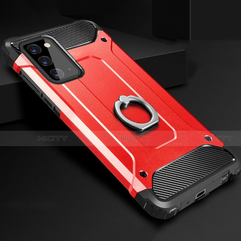 Funda Bumper Silicona y Plastico Mate Carcasa con Anillo de dedo Soporte N01 para Samsung Galaxy Note 20 5G Rojo