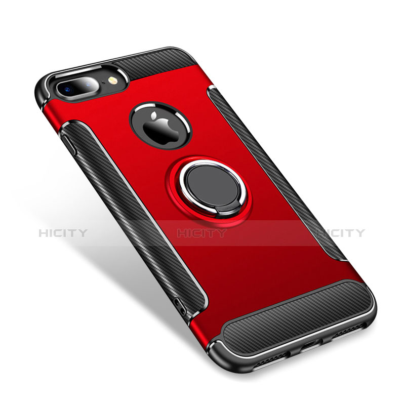 Funda Bumper Silicona y Plastico Mate Carcasa con Anillo de dedo Soporte para Apple iPhone 7 Plus Rojo