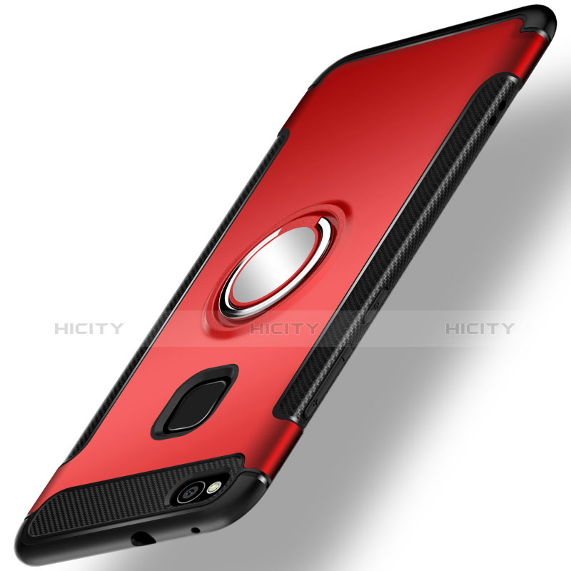 Funda Bumper Silicona y Plastico Mate Carcasa con Anillo de dedo Soporte para Huawei Honor 8 Lite Rojo