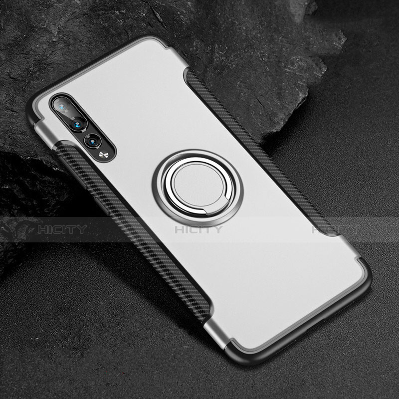 Funda Bumper Silicona y Plastico Mate Carcasa con Anillo de dedo Soporte para Huawei P20 Pro Blanco