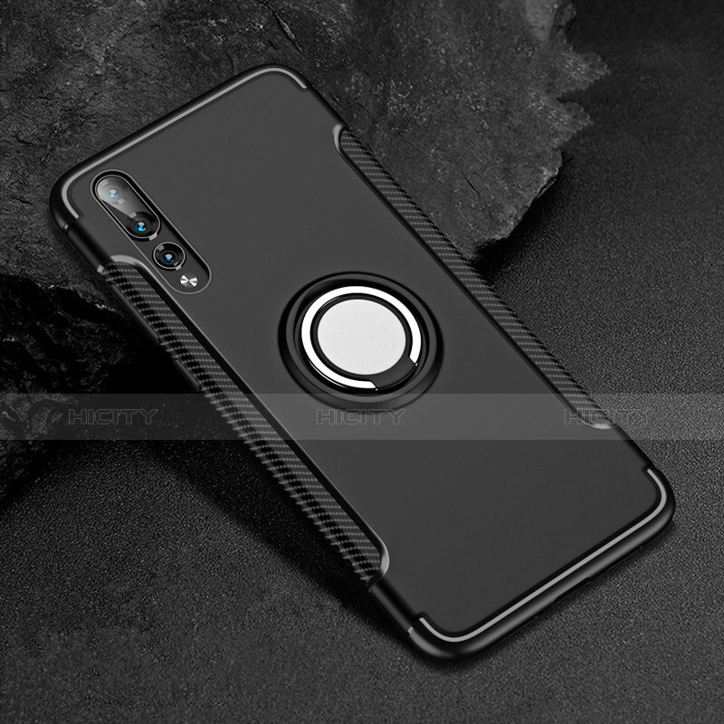 Funda Bumper Silicona y Plastico Mate Carcasa con Anillo de dedo Soporte para Huawei P20 Pro Negro