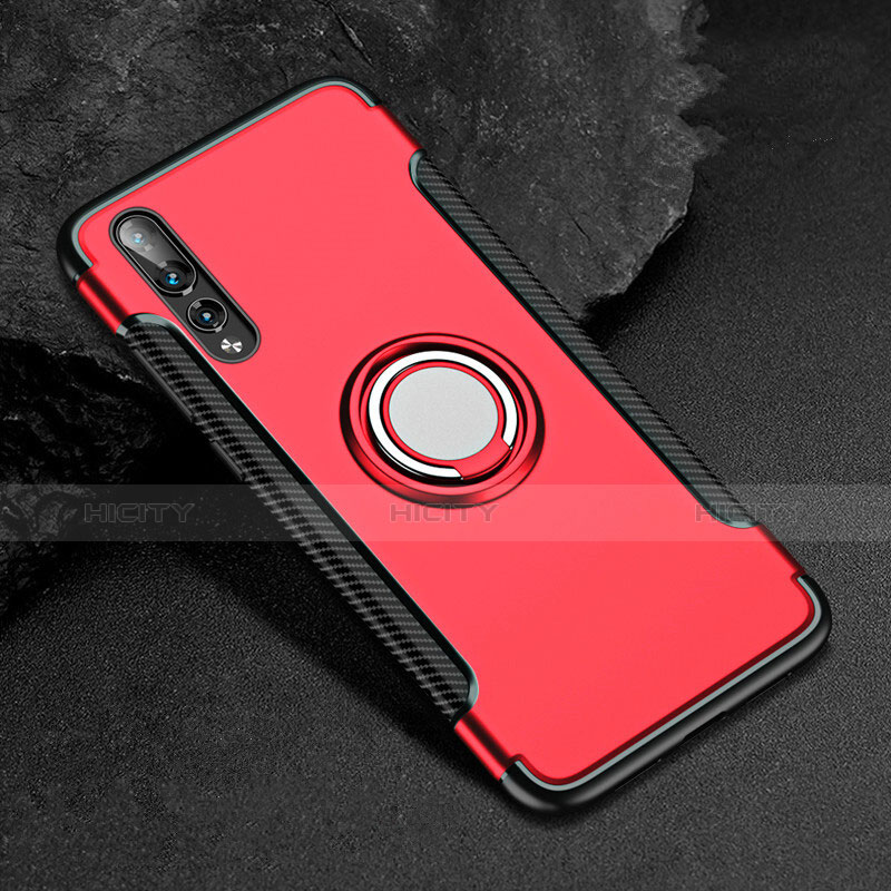 Funda Bumper Silicona y Plastico Mate Carcasa con Anillo de dedo Soporte para Huawei P20 Pro Rojo