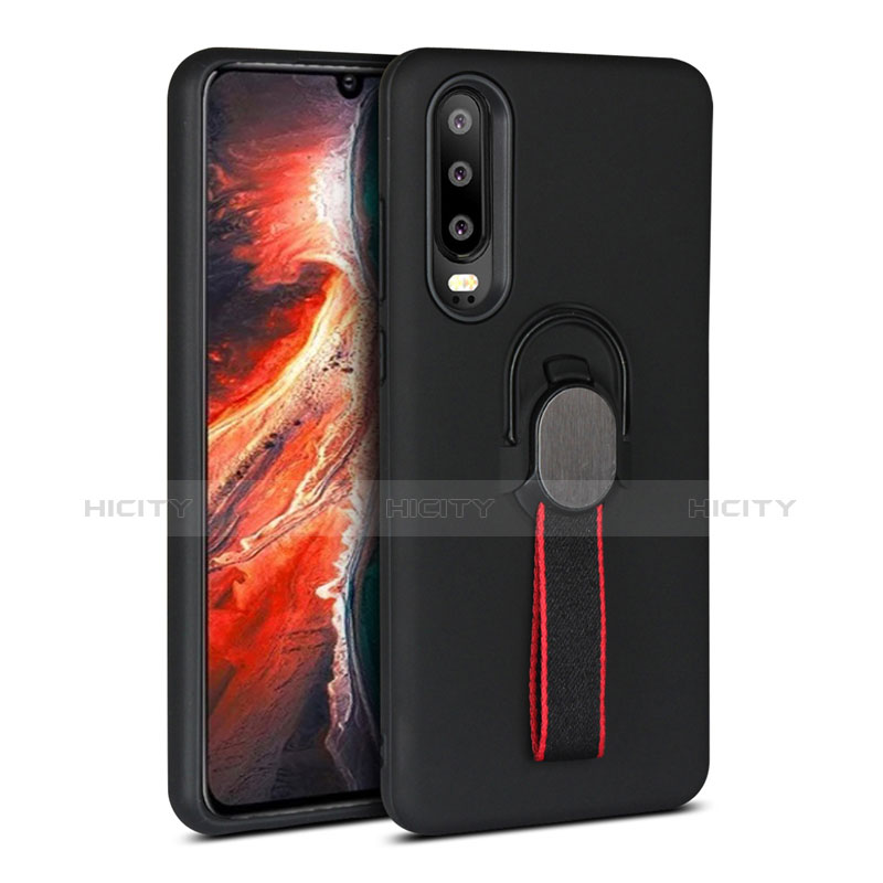 Funda Bumper Silicona y Plastico Mate Carcasa con Anillo de dedo Soporte para Huawei P30 Negro