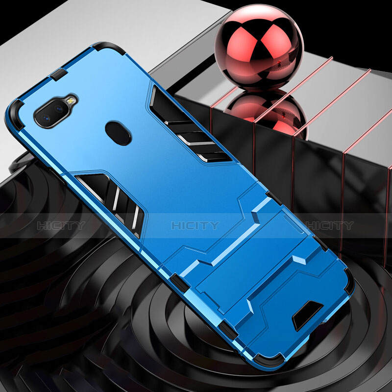 Funda Bumper Silicona y Plastico Mate Carcasa con Anillo de dedo Soporte para Oppo A7 Azul Cielo