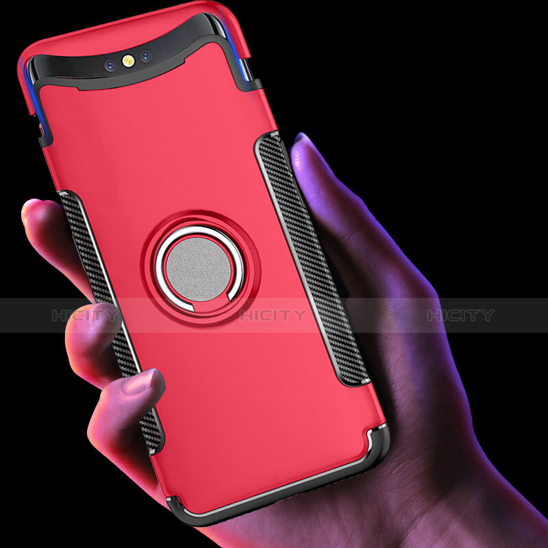 Funda Bumper Silicona y Plastico Mate Carcasa con Anillo de dedo Soporte para Oppo Find X Rojo