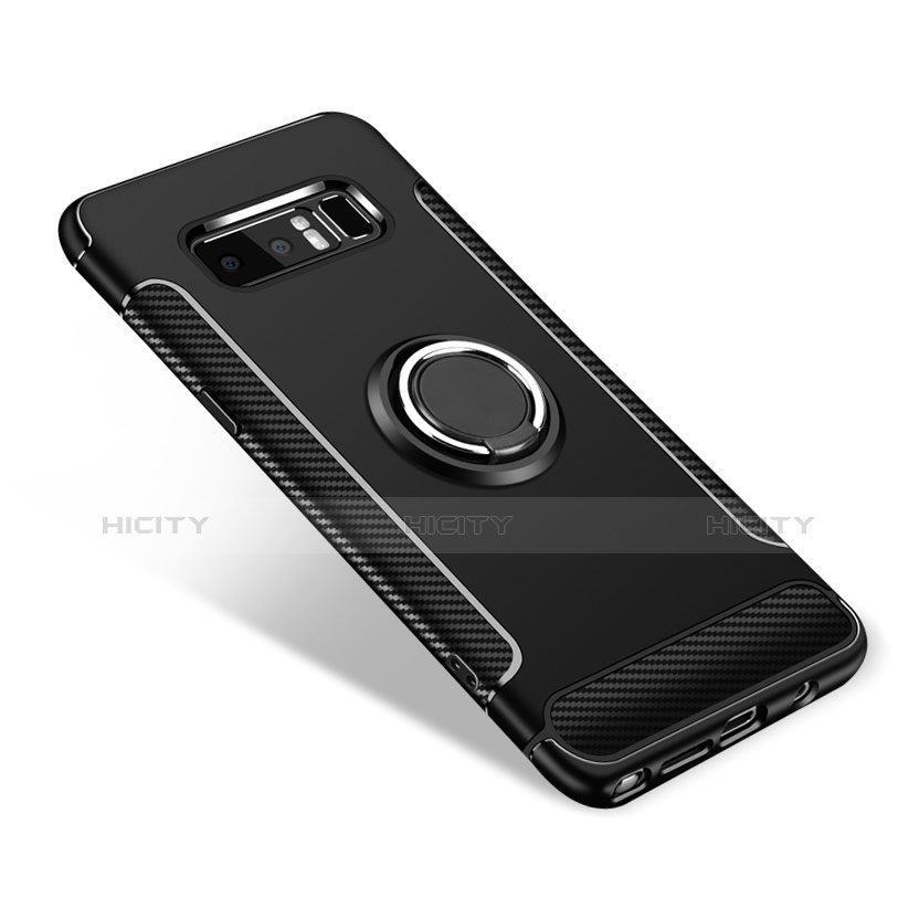 Funda Bumper Silicona y Plastico Mate Carcasa con Anillo de dedo Soporte para Samsung Galaxy Note 8 Duos N950F Negro