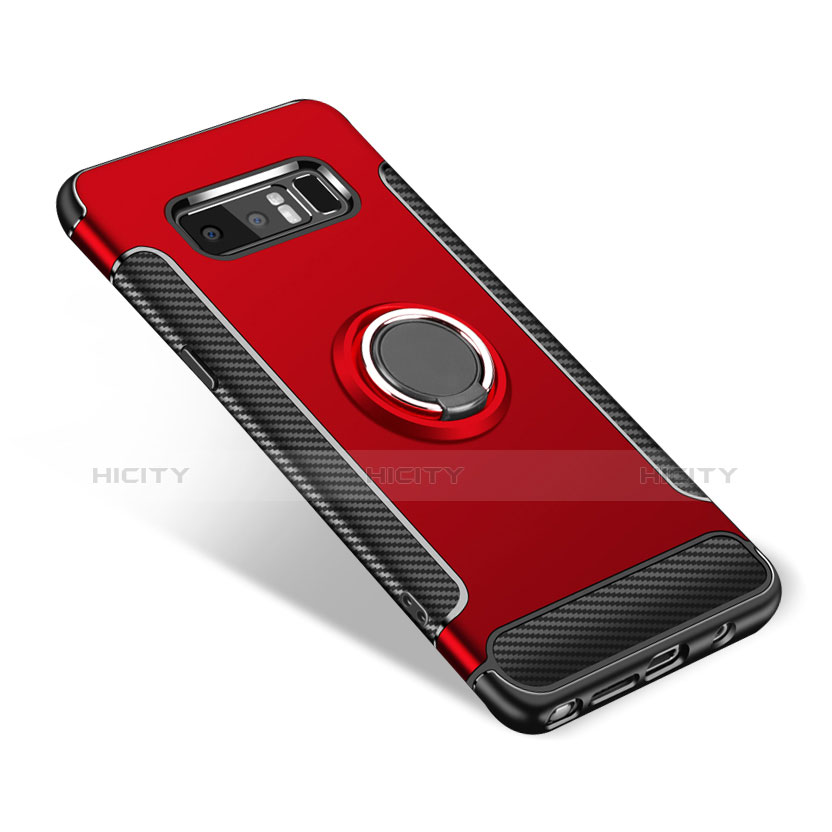 Funda Bumper Silicona y Plastico Mate Carcasa con Anillo de dedo Soporte para Samsung Galaxy Note 8 Duos N950F Rojo